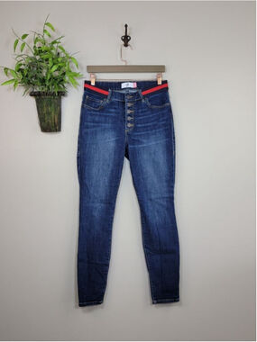 CAbi #3751 Exposed Button Fly Skinny Jeans Dark Blue Red Ribbon Belt Stretch 6